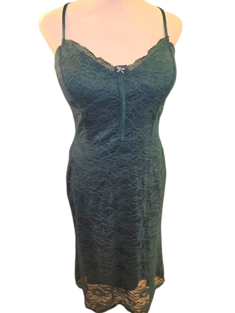 AUW Vintage Dark Green Bodic Slip Dress With Lace & Delicate Bow Size Large